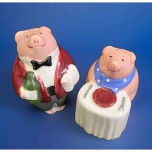CLAY ART Anthropomorphic Pig Diner & Waiter Adorable Salt & Pepper Shaker Set